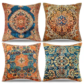 DecorMommt Teppich Muster Kissenbezüge Vintage Blau Kissen 45x45Cm 4er Set Stammes-Abstraktes Orientalisch Kissenhüllen Dekorative Kissen Für Sofa Antiquität Böhmen Dekokissen Zierkissen