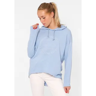 Hoodie ZWILLINGSHERZ "Moin", Damen, Gr. L/XL, blau (jeansblau), Sweatware, Obermaterial: 70% Baumwolle, 30% Polyacryl, unifarben, comfort fit hüftlang, hoch geschlossener Ausschnitt, Sweatshirts Hoodie, Kapuze, Kordelzug, Langarm, maritimer Schriftzug