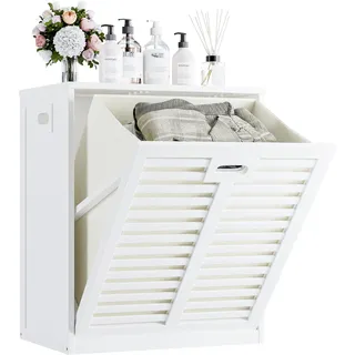 HITNET Badschrank mit Wäschekorb, Waschschrank, Bambus Badezimmerschrank mit Wäschesammler, Herausnehmbare Innentaschen mit Griffen für Waschküche, Badezimmer und Schlafzimmer, Weiß
