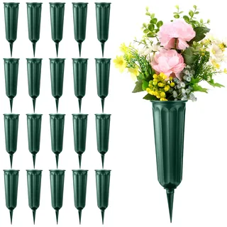 Friedhofsvasen mit Spikes, Kunststoffvasen für Blumen, Grabdekorationen für Friedhof, Grabblumenhalter, Gedenkblumenvase, Grün, 20 Stück