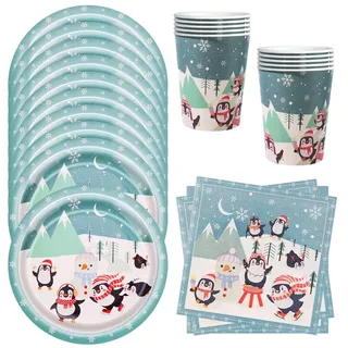 MEZHEN Pinguin Partygeschirr Weihnachten Party Geschirr Winter Kindergeburtstag Deko Geburtstag Pappteller Becher Servietten Tischdeko Geburtstagsparty Geburtstagsfeier Pinguin