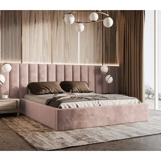 Polsterbett Vilde 200x220 mit Wandpaneelen 300 cm, Bettkasten, Samtbezug Piano 22 Rosa, stabile Konstruktion - Rosa