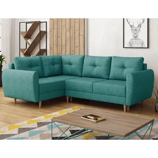 Easy4You Türkis Ecksofa Manstad in L-Form 234x90x160 cm mit Schlaffunktion und Bettzeugbehälter - Schlafsofa mit Bettkasten und Holzfüße - Eckcouch Links mit Stauraum - Stoff: Lux 30 - Türkis
