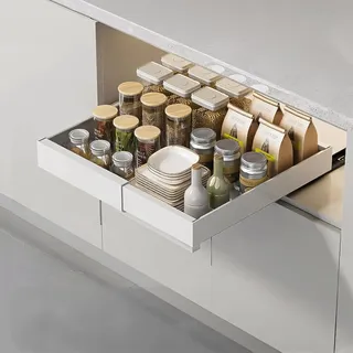 Ventouse Teleskopschublade Ausziehbar Schublade Küche: 42cm Küchenschrank Schubladenauszug Slide Out Schrank mit Kleber Organizer Ordnung ohne Bohren für Hausfrauen Küchenhilfe Breite 32-52cm