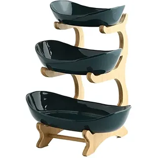 YYW 3-stöckige Keramik-Obstschale, Porzellan-Obstkorb, Obstständer, Aufbewahrungshalter mit Bambusholz, Gemüseaufbewahrung für Küchentheke, große Kapazität, Obsthalter für Brot, Snack (Grün)