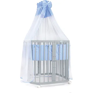 Waldin Babybett Kinderbett 7in1 mit Matratze, mitwachsendes Kinder-Bett,Stoffe blau,Holz grau - Blau