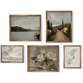 Vintage Bauernhaus Wanddekoration – Blume Natur neutrale Wandkunst für Boho Französisch Land Küche, Bad, Schlafzimmer Bild Poster Druck, grüne Raumdekoration ästhetische botanische Cottagecore 5 Set