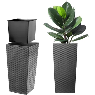 KADAX Pflanzkübel mit Innentopf, Höhe 57cm, 29x29cm, ca. 24L – Rattan-Optik Grafit, Frostsicherer Blumentopf für Innen & Außen, Garten, Balkon & Terrasse, UV-beständig, wetterfest