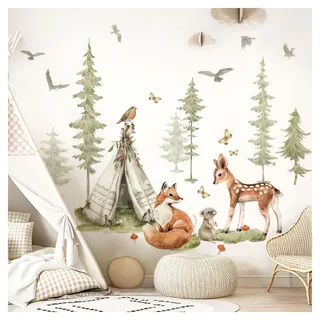 Little Deco Wandtattoo Waldtiere Kinderzimmer Wandsticker Bäume Set Wandaufkleber Tiere REH Fuchs Babyzimmer Schlafzimmer Deko DL5000A-04
