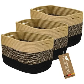 HMF Aufbewahrungskorb mit versteckten Griffen 3er Set Korb handgenäht aus Baumwolle 37,5 x 25 x 22,5 cm Schwarz-Honig