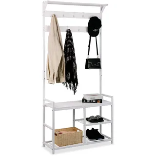 Leader Accessories Garderobenständer mit Bank Metallgarderoben rustikal Kleiderständer 182x30x84cm (HxTxB) Weiß