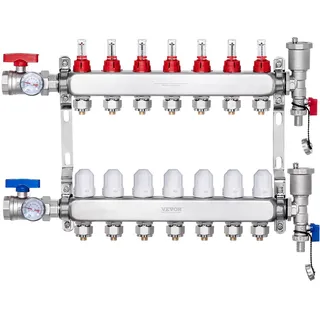 Vevor 7-Zweig-Wärmeverteilungsverteiler 1/2-Zoll-PEX-Rohrverteiler Edelstahl für hydronische Fußbodenheizung