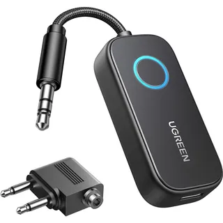 UGREEN aptX Flugzeug Bluetooth 5.3 Sender mit Extra Dual 3.5 mm AUX Adapter, Bluetooth Adapter für Zwei Kopfhörer, 2 in 1 Transmitter Empfänger Kompatibel mit Stereoanlage, Auto, Fitnessstudio