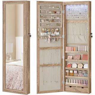 Songmics Schmuckschrank 120 cm hoch, mit beleuchtetem Innenspiegel, Spiegelschrank wand- oder türmontiert, abschließbar, 2 Schubladen, eichenbraun