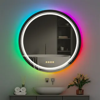 WISFOR LED Badspiegel Rund, 60cm Wandspiegel Badezimmerspiegel mit Beleuchtung für Badezimmer Schlafzimmer Make-Up, Farbrig Led Badspiegel, dimmbar Beschlagfrei mit Touchschalter - Silber