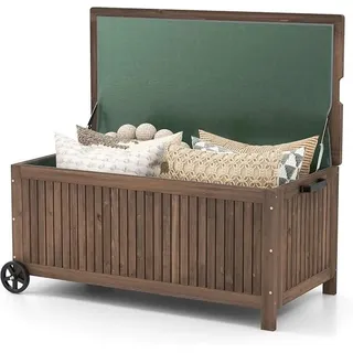 Gartenbox Holz 213 L, Aufbewahrungsbox mit Rädern, Kissenbox mit wasserdichter PE-Auskleidung, Auflagenbox mit Deckel & Griff, für Garten Terrasse, 114 x 58,5 x 51 cm, Braun - Braun