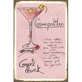 Queence Metallbild "Cosmopolitan" Getränke Schriftzug Sprüche Sprüche & Texte 1 Stk. tlg. Stahlschild, Blechschild, Rezept, Cocktail, rosa, Wanddeko, farbe bild(er): schwarz