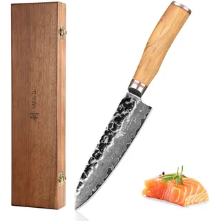 Wakoli Olive Santoku Messer aus echtem Damaststahl (VG10 Kern) 17cm Klinge – Scharfes Damast Küchenmesser und präzises Kochmesser für alle Schnitte – Damastmesser mit Olivenholzgriff in Geschenkbox