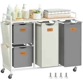 VASAGLE Wäschekorb, Wäschesammler, Wäschesortierer, Rollen, Wäschewagen mit Ablage, kleine seitliche Taschen, 6 Etiketten, 4 Fächer, 150 L, naturbeige-taubengrau-cremeweiß BLH203G01