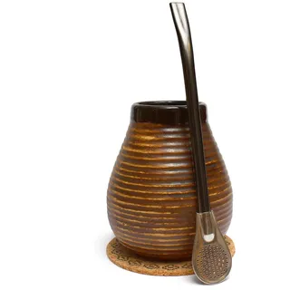 Mate Green Yerba Mate-Tee Set ● Keramik Mate Becher 350ml ● Edeltahl trinkhalm Bombilla 19cm ● Handgemachte Keramik Kalebasse ● Matetee keramik tasse ● Korkpad