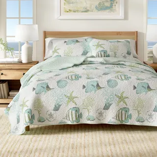 Great Bay Home Twin Coastal Quilt Bettwäsche-Set, Sommerdecke mit Kissenbezug, Strand, 2-teilig, wendbar, für alle Jahreszeiten, leicht, nautisch, gesteppt, Seaside-Kollektion, Blauer Fisch