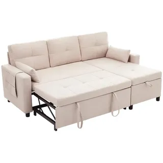 Beaok Schlafsofa 211/136 cm in Beige – mit Bettkasten und Chaiselongue , Textil , 136x87x211 cm , Babymöbel & Kindermöbel, Kinderzimmer & Jugendzimmer, Schlafsofas