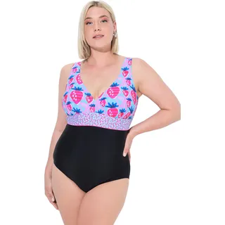 Ulla Popken Damen große Größen Übergrößen Plus Size Badeanzug, Erdbeeren, Zierband, Softcups, recycelt schwarz 54 836833100-54