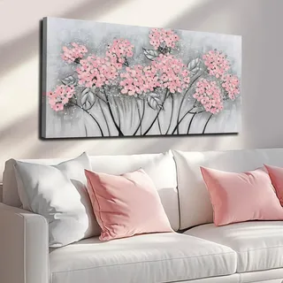 SOUGUAN Blumen-Wanddekor/Wohnzimmerdekorationen/rosa modernes Kunstwerk/handbemalte botanische Gemälde für Schlafzimmer, Küche, Zuhause, Büro, 50,8 x 101,6 cm