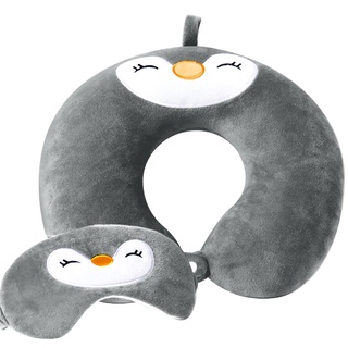 twirush Reisekissen Tier Nackenstütze, U-förmiges Memory Foam Pinguin Reisekissen Erwachsene Nackenkissen Kinder Nackenhörnchen mit Niedlicher Schlafmaske für Auto Zug Büro Heim(Grau