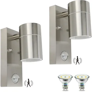 HiBay 2 Stück LED Außenleuchte mit Bewegungsmelder Wandleuchte Edelstahl Aussenlampe GU10 IP44 Wandlampe PIR Sensor inkl. LED Lampe 5W 450LM 3000K Warmweiß