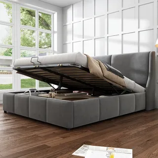 Polsterbett mit Lattenrost und Bettkasten, 140x200 cm, Doppelbett, gepolsterter Kopfteil mit seitlichen Ohren, Bezug aus Samt - Grau