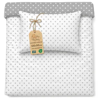 Amazinggirl Baby Bettwäsche Set 90 x 120 cm - Kinderbettwäsche Babybettwäsche mit Kissenbezug 60x40 aus Baumwolle Weiß mit Grauen Sternen