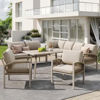Flieks Gartenmöbel-Set 6-tlg., Gartenlounge-Set mit Gartentisch und Stuhl, Gartengarnitur für 8 Personen, Tisch mit Holzoptik-Glasplatte, Beige - Beige