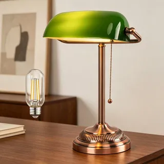 FIRVRE Banker-Schreibtischlampe, grüner Glasschirm, Vintage-Schreibtischlampe mit Zugkettenschalter, Retro-Tischlampen für Homeoffice, Bibliothek, Klavier