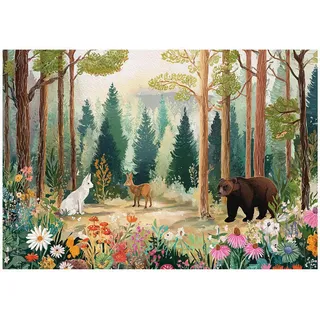 WallArena Vlies Fototapete Kinderzimmer Wald Tiere Bär Waldlichtung TAPETE XXL Mädchen Jungen 400x280 - 8 Bahnen