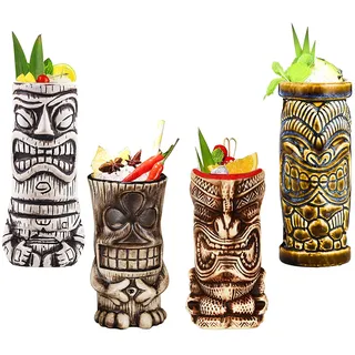 Tiki Becher -Tiki Mugs - Cocktail-Set, 4 Stück, Keramik, Cocktailbecher, Tiki-Tassen, hawaiianische Party, niedliche, exotische Cocktailgläser, hawaiianische Tiki-Tasse,Q5