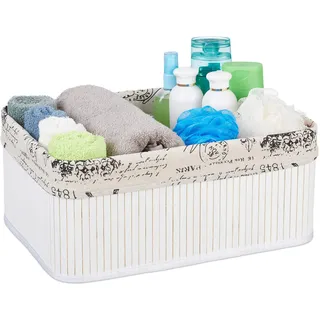 Relaxdays Aufbewahrungskorb, Stoffbezug mit Retro-Print, Bambus, rechteckig, Bad Regalkorb HBT 16,5x38x28,5 cm, weiß