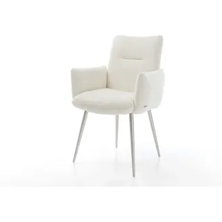 Esszimmerstuhl Jova-Flex mit Armlehnen Bouclé Weiß 4-Fuß konisch Edelstahl Taschenfederkern