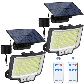 Flaow Solarlampen für Außen mit Bewegungsmelder, 200 LED Solarleuchten mit Fernbedienung, IP65 Wasserdichte, 3 Modi LED Solar Strahler für Garten mit 5M Kabel(2 Stück)