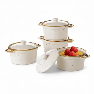 ONEMORE Ofenfestes Keramik-Auflaufförmchen mit Deckel, 170 ml, gesprenkelte Mini-Dutch Oven Cocotte, 4er-Set für französische Zwiebelsuppe