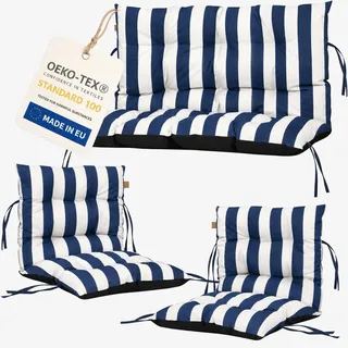 Palettenkissen Loungekissen Set 3-teilig, Outdoor Sitzpolster für Rattanmöbel, 2x Stuhlkissen + 1x Bankkissen, marineblaue Streifen