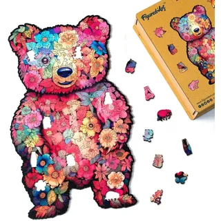 Figured'Art Holzpuzzle Erwachsene und Kinder 200 Teile Tiere - Blumen-Teddybär - Originelles Design 21,6x36 cm Einzigartige Form mit Premium-Holzkiste