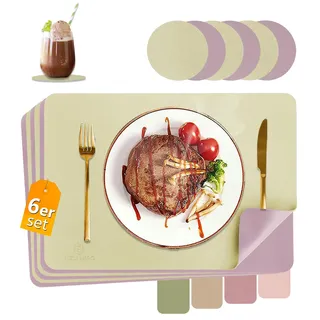 HELI MIAO Tischsets Abwaschbar,Platzsets Abwischbar,Tischset Leder,Hitzebeständig Doppelseitigen I 6er Set Platzdeckchen Lederoptik mit Untersetzer,Tischuntersetzer,Platzdecken grasgrün+violett