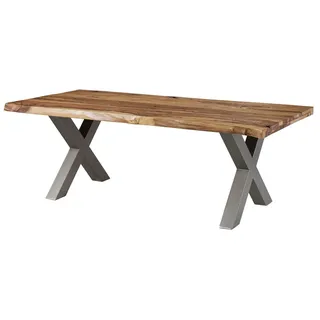 MASSIVMOEBEL24.DE Baumtisch Sheesham 220x100x77 natur sandgestrahlt / X-Beine silber matt FREEFORM 5 - Silber