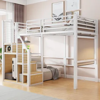 Flieks Etagenbett 90x200cm mit Treppe, Hochbett Kinderbett mit Staufach und Kleiderstange, Metallbett Einzelbett Jugendbett mit Lattenrost, Weiß - Weiß
