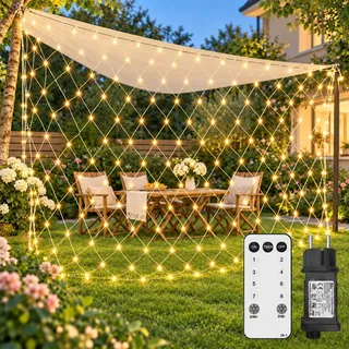 Lichternetz Außen 3x2m 200 LED Lichterkette Außen Netz mit Stecker | 8 Modi Mit Timer &Fernbedienung für Weihnachtsbeleuchtung Innen Büsche Garten Zimmer Balkon Wand Warmweiß