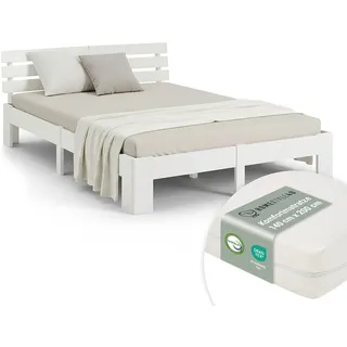 Homestyle4u Holzbett mit Matratze 140/200 cm weiß , Weiß , Holz , Kiefer , 140x200 cm , Schlafzimmer, Betten