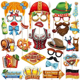 Oktoberfest Photo Booth Props, 30pcs Bayrisch Partyfotoautomat Zubehör Wiesn Fotobox Fotorequisiten für Oktoberfest Spiel Gastgeschenke Deko, Bier Brezel Lebkuchen Flagge Brille Hut Schnurrbart (A)