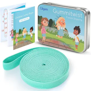 Cikyner Gummitwist Kinder Set,Hüpfgummi 4m lang 1.5cm weit Gummi Twist mit Anleitung Polyester-Latex Regenbogen Band für Kinder Hüpfspiele drinnen und draußen, Mädchen & Jungs (Hellgrün)