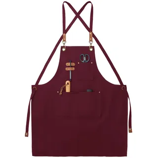 FunChaos Canvas Schürzen, Arbeit Schürzen für Männer Frauen, Koch Schürze mit verstellbarem Gurt und 3 Taschen, Schürze für Bedienungen Küche Kochen Backen Künstler Malerei, Kreuz zurück (Rot)